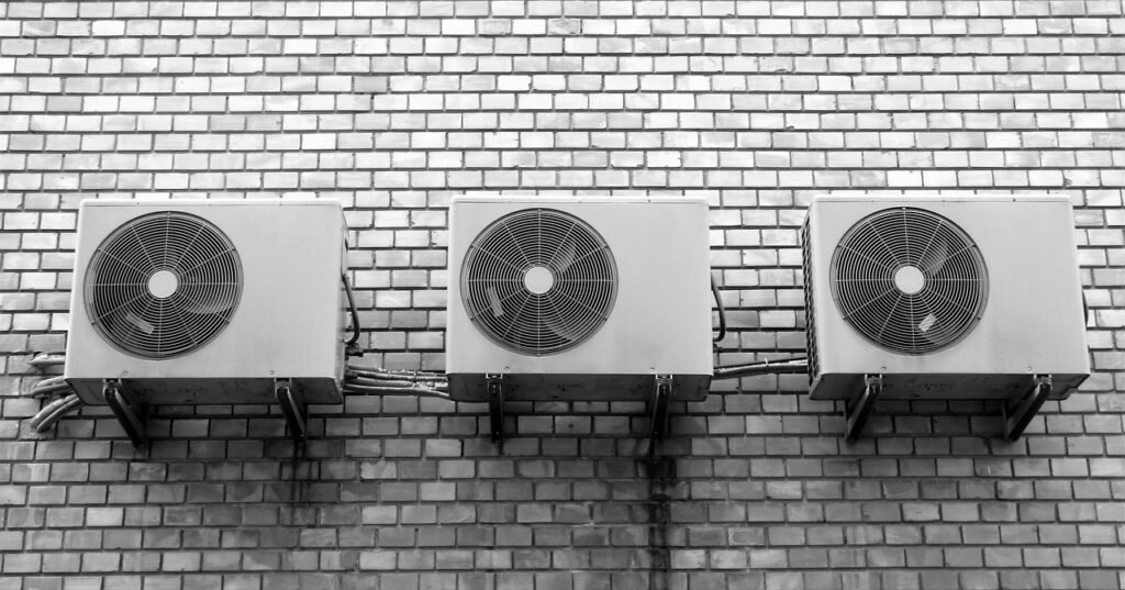 wall, fan, air conditioner, box, metal, building, brick wall, cooling, air conditioner, air conditioner, air conditioner, air conditioner, air conditioner